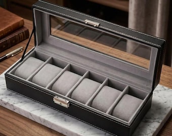 Leren horlogedoos met 6 sleuven, glazen deksel, aangepaste horlogekast voor mannen, gepersonaliseerde organisator herenhorloge, cadeau voor echtgenoot, vader hem