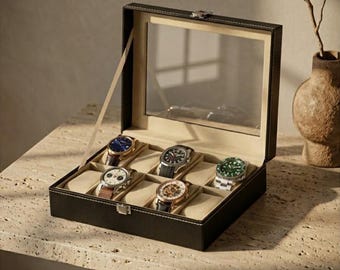 Horlogedooshouder met 10 sleuven en glazen deksel | Op maat gemaakte leren horlogekast voor heren | Gepersonaliseerde horlogehouder vitrine cadeau bruidsjonker