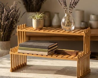 Japandi natuurlijk houten bureau-organizer | Minimalistische plantenstandaard met 2 niveaus | Wabi-Sabi-bureaubladdecoratie | Glasvoortplantingsstation | Gezellig thuiscadeau
