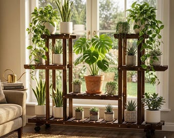 Large Rolling Plant Stand | 6-Tier Solid Wood Flower Shelf | Charred Wood Indoor/Outdoor Planter Display | Plant Lover Gift