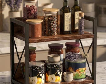 Japandi 2-laags houten organizer | Wabi-Sabi aanrechtplank, rustiek bohodecor | Minimalistische opberger van natuurlijk hout voor een gezellig huis