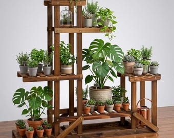 6-Tier Solid Wood Plant Stand | Charred Multi-Level Flower Shelf for Indoor & Outdoor | Balcony Garden Display Rack for Houseplants