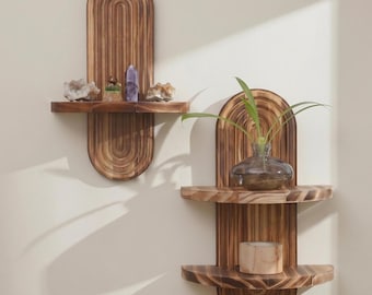 Gebogen houten zwevende plank, rustieke boho-muurdecoratie, geometrische ovale plant displayplank, moderne houten hangende plank uit het midden van de eeuw