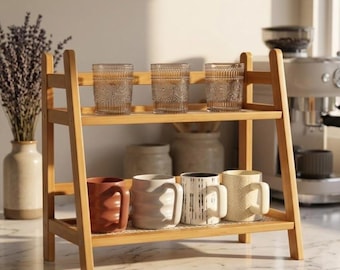 Japandi gebogen bamboe aanrecht opberger, Wabi-Sabi 2-laags kruidenrek keuken, rustieke boho badkamermeubelstandaard, minimalistisch houtdecor