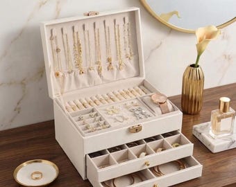 Multicolor 3 Layer Leather Jewelry Box with Lock | Large Jewelry Organizer, Watch Display Case, Earring Necklace Ring Holder Chest