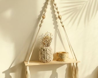 Hangplank macramé | Boho wandplank met houten kralen | Drijvende plank met touw | Plantenplank slaapkamer | Wanddecoratie kinderkamer | Boho-thuiscadeau