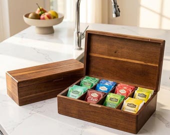 Acaciahouten theedoos | Theezakjesopberger met 4 en 8 vakken | Rustieke houten thee-opbergkist | Keuken Koffiebar Decor | Cadeau voor theeliefhebber