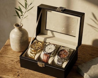 Personalized Leather Watch Box | 2 or 3 Slot Watch Organizer for Men | Glass Window Custom Groomsmen Gift, Fathers Day, Anniversary Case