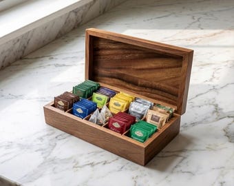 Premium zwarte walnoot theedooshouder | Houten opbergkist met 10 vakken | Houten theezakjeshouder | Herinneringsdoos | Luxe theeliefhebber cadeau