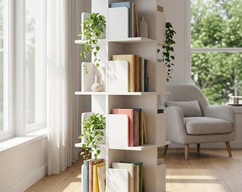 360 degree Rotating Bookcase | 4-Tier Space Saving Corner Bookshelf | 16 Compartment Wood Display Storage Tower | Living Room & Office Decor