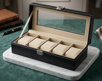 Leren horlogedooshouder | Vitrinekast met 4 en 5 sleuven, gepersonaliseerd cadeau voor echtgenoot, horlogehouder voor heren