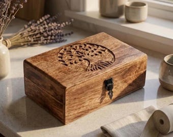Japandi Carved Wooden Memory Box, Tree of Life Keepsake Box for Jewelry & Crystals | Rustic Boho Decorative Box, Wabi-Sabi Cozy Home Gift