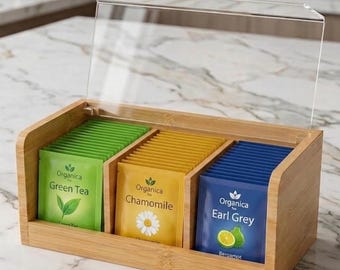 Bamboe theedoos organizer, theezakjehouder met doorzichtig deksel, houten opbergkist met 3 vakken, koffiebarstation suikerzakjeshouder