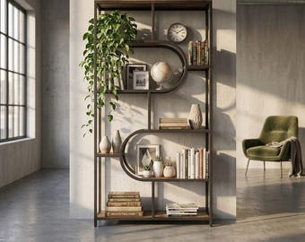 Industrial 8-Tier Bookshelf | Geometric U-Shaped Tall Bookcase | Rustic Wood & Metal Open Display Shelf | Modern Living Room Plant Rack