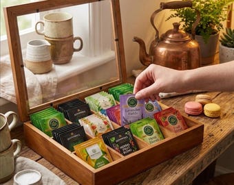 Houten opberger voor theedoos met glazen deksel | Opberger voor theezakjes met 12 vakken | Keukenopberger | Housewarmingcadeau | Cadeau voor theeliefhebber