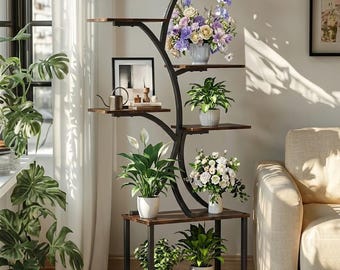 7-Tier Indoor Plant Stand | Curved Metal & Wood Corner Flower Shelf | Optional LED Grow Lights | Multi-Tier Display Rack for Houseplants