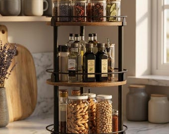 3-laags houten Lazy Susan-opberger | Japandi roterend kruidenrek, rustieke boho-opberger voor aanrecht, natuurlijk hout Wabi Sabi-decor