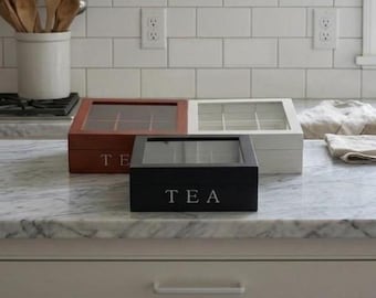 Houten opberger voor theedoos met 9 vakken | Opbergkist voor theezakjes | Doorzichtige theedoos met vensterdeksel | Cadeau voor theeliefhebber | Inrichting keukenvoorraad