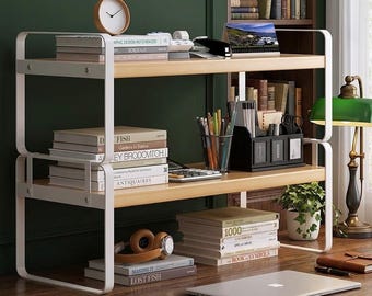 Bureauopberger van hout en metaal | Minimalistische bureaubladplank | Rustieke boekenplank voor kantooropslag | Werk vanuit huisdecoratie | Accessoire voor slaapzaal