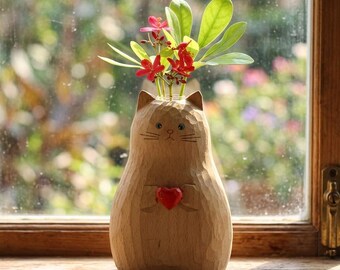 Handgemaakt houten kattenbeeldje met hart | Rustiek gesneden houten beeldje van een kat | Huisdierherdenkingsdecor | Valentijnscadeau voor kattenliefhebbers