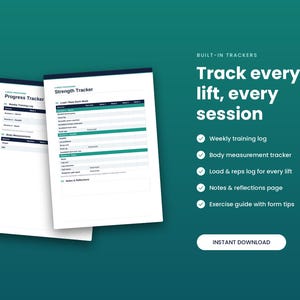 May include: Two white digital fitness planner pages titled Progress Tracker and Strength Tracker with dark blue headers. The text reads: Built-in Trackers, Track every lift, every session, Weekly training log, Body measurement tracker, Load & reps log for every lift, Notes & reflections page, Exercise guide with form tips, and Instant Download.