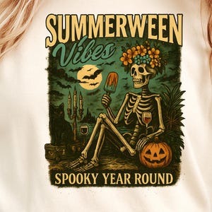 Summerween Vibes PNG | Skeleton Beach Halloween Sublimation | Spooky Summer Graphic | Retro Horror Clipart for Shirts & Tumblers