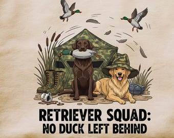 Camiseta «Retriever Squad No Duck Left Behind», Labrador de caza PNG, Arte de camuflaje de Labrador Retriever en un puesto de caza, Camiseta para amantes de la naturaleza