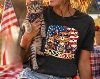 Divertido gato patriótico PNG, camiseta de gato hip hop Purr Triot, gráfico de gato americano genial, ropa urbana del 4 de julio, descarga digital