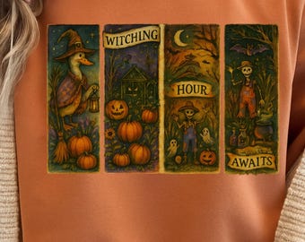 La hora de las brujas te espera en Halloween PNG / Arte popular gótico: pato, esqueleto y calabazas / Clipart cuadrado vintage / Diseño de decoración otoñal espeluznante