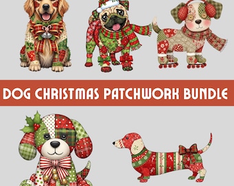 Paquete navideño de perros con patchwork, clipart de cachorros navideños acolchados, un acogedor regalo invernal para amantes de las mascotas. Ropa de animales adorable, ilustraciones festivas de temporada.