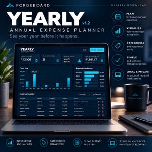Peut inclure: Un planificateur de dépenses annuel numérique affiché sur un écran d'ordinateur portable, avec une interface sombre, un graphique à barres, une répartition des dépenses et un registre. Le texte inclut FORGEBOARD YEARLY v1.2 ANNUAL EXPENSE PLANNER, See your year before it happens, et des fonctionnalités comme Plan, Visualise, Categorise, Simple, et Local & Private.