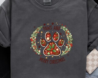 Huella navideña PNG, Clipart de mascota navideña, Diseño "Patas y Feliz Navidad", Arte navideño de perro y gato, Arte digital de corona festiva