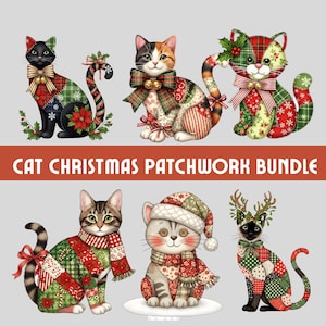 May include: A collection of six cat illustrations in a patchwork style, featuring Christmas-themed designs. The cats are adorned with festive bows, scarves, and hats, with the text "CAT CHRISTMAS PATCHWORK BUNDLE" at the bottom.