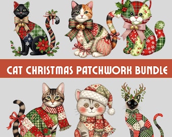Paquete de gatos navideños de patchwork, clipart de gatitos navideños acolchados, regalo acogedor para amantes de las mascotas de invierno, ropa linda para animales, ilustraciones festivas de temporada