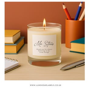 Pegatinas personalizadas para velas de profesor/a: Etiqueta moderna de agradecimiento para regalos de fin de curso / Etiquetas mate premium impermeables