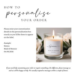 How to personalise wedding candle label stickers for bridesmaid proposal candles, custom text instructions for personalised wedding favour labels