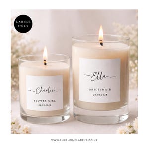 Personalised bridesmaid proposal candles with custom names on white matte square labels, small glass wedding favour candles in elegant neutral styling