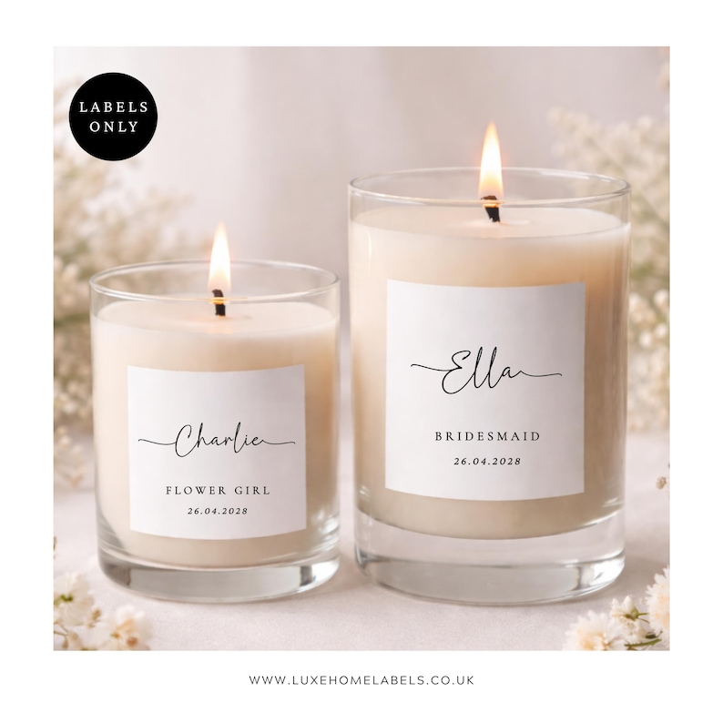 Personalised bridesmaid proposal candles with custom names on white matte square labels, small glass wedding favour candles in elegant neutral styling