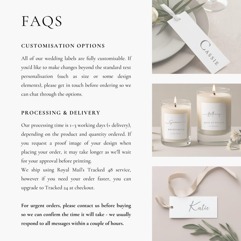 FAQs for personalised wedding candle labels including bridesmaid proposal stickers, custom candle label details, sizing, application and ordering information
