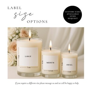 Wedding candle label size options for small medium and large candles, white matte square personalised label stickers for bridesmaid proposal and wedding favours