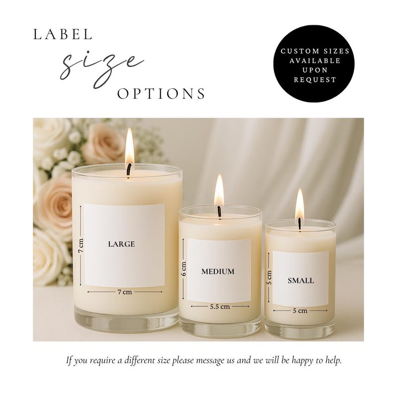 Wedding candle label size options for small medium and large candles, white matte square personalised label stickers for bridesmaid proposal and wedding favours