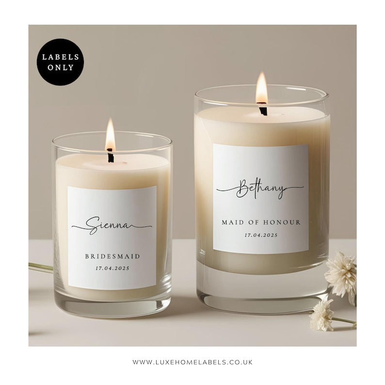 Personalised bridesmaid proposal candle labels on small glass candles with elegant white matte square stickers, minimalist wedding favour candles in neutral bridal styling