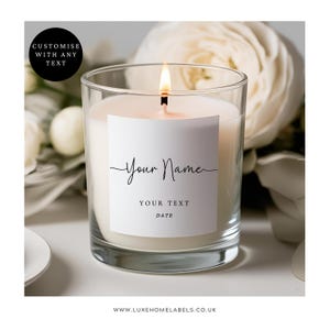 Blank white matte square candle label sticker on glass candle, personalised wedding candle label for bridesmaid proposal boxes and custom candle gifts