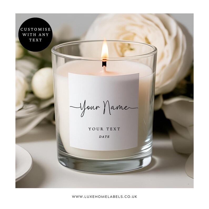 Blank white matte square candle label sticker on glass candle, personalised wedding candle label for bridesmaid proposal boxes and custom candle gifts