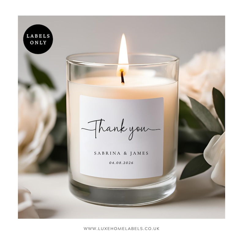 Thank you wedding favour candle with personalised label sticker, minimalist white square candle label for wedding guests and bridal party gifts