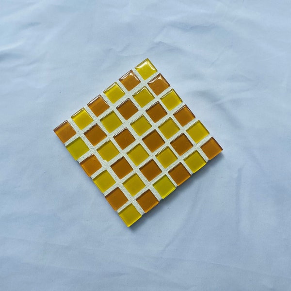 Checkered Glass Tile Coaster | Tiled Coaster | Gifts for Her | Handmade Square Coaster | Retro Coaster | Apartment Decor | Yellow | Orange
