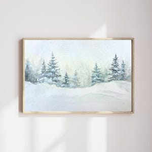 Frosted Pines Giclee Art Print, Minimalist Snowy Evergreen Landscape Painting, Horizontal White and Green Winter Wall Art, Christmas Decor