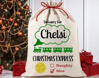 Personalized Train Santa Sack, Custom Santa Linen Bag, Christmas Eve Personalized Gift Bag