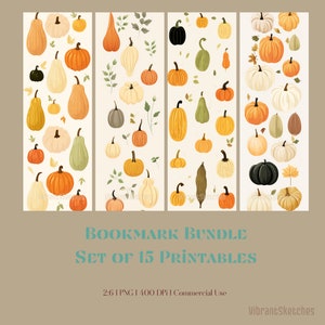 15 Fall Bookmark Designs,Cute Minimalistic Autumn pumpkins Bookmarks digital download,print & cut,Pumpkins Squash gourds,Book lover gift