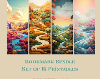 Bundle of 16 Whimsical Landscapes Printable Bookmarks ,Printable Digital Downloads, PNG sublimation, fantasy bookmark set, book lover gift
